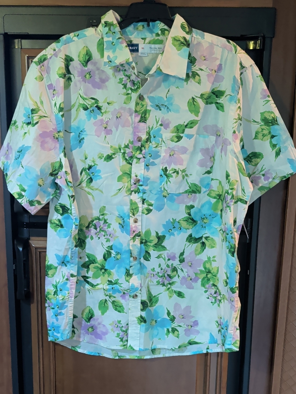 Men's Floral Short-Sleeve Button-Down in White Blue & Lavender Flowers Cotton